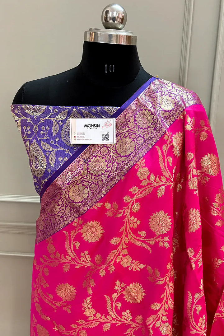 Pink and Royal Blue Morpankhi Jaal Satin Silk Banarasi Saree