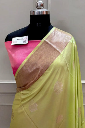 Pista and Pink Golden Zari Banarasi Silk Saree