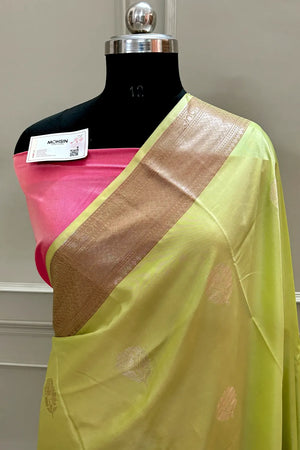 Pista and Pink Golden Zari Banarasi Silk Saree