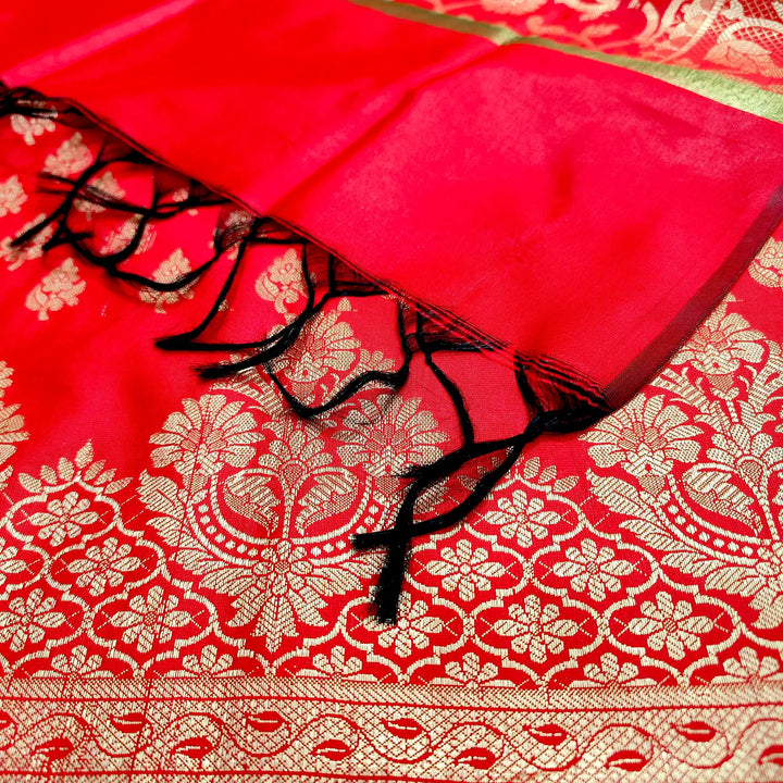 Red Podha Satin Silk Banarasi Suit
