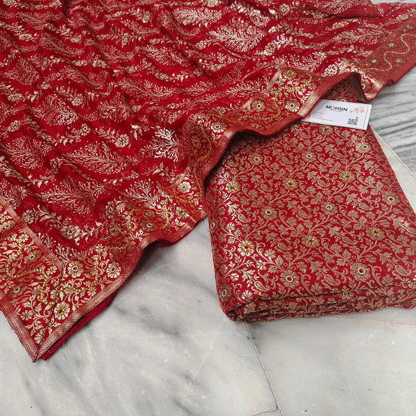 Red Stone Work Kimkhab Silk Banarasi Gharara