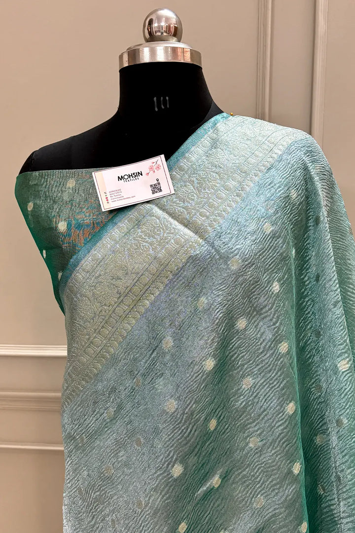 Sea Green Dollar Buti Crush Tissue Silk Banarasi Saree