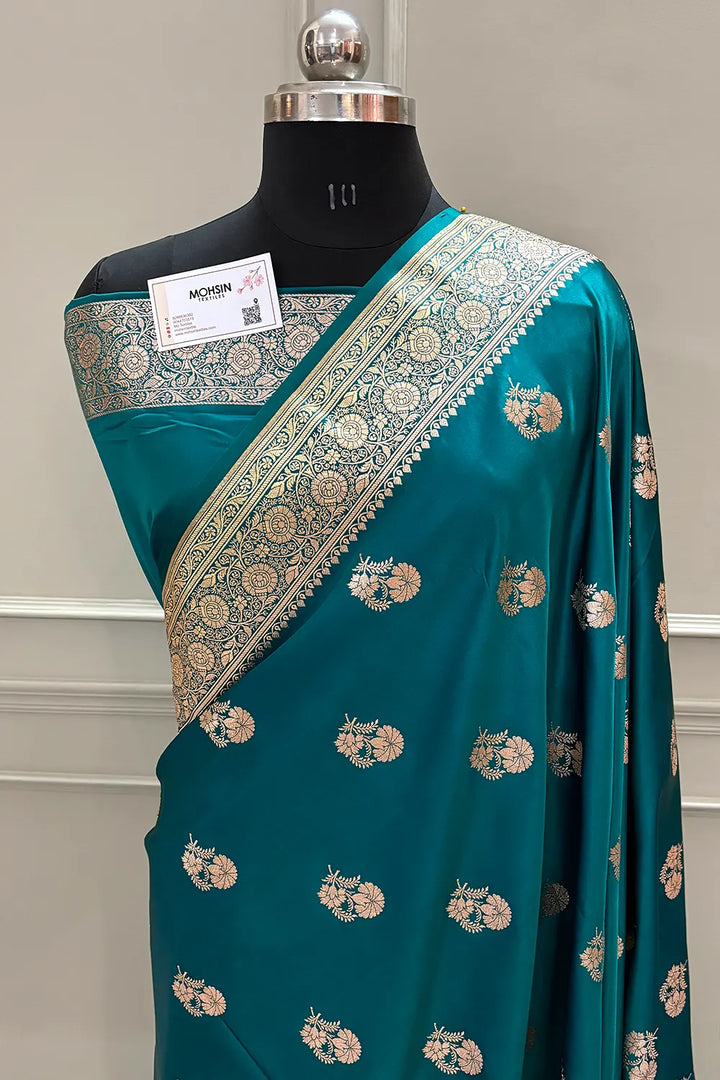 Teal Golden Flower Katan Silk Banarasi Saree