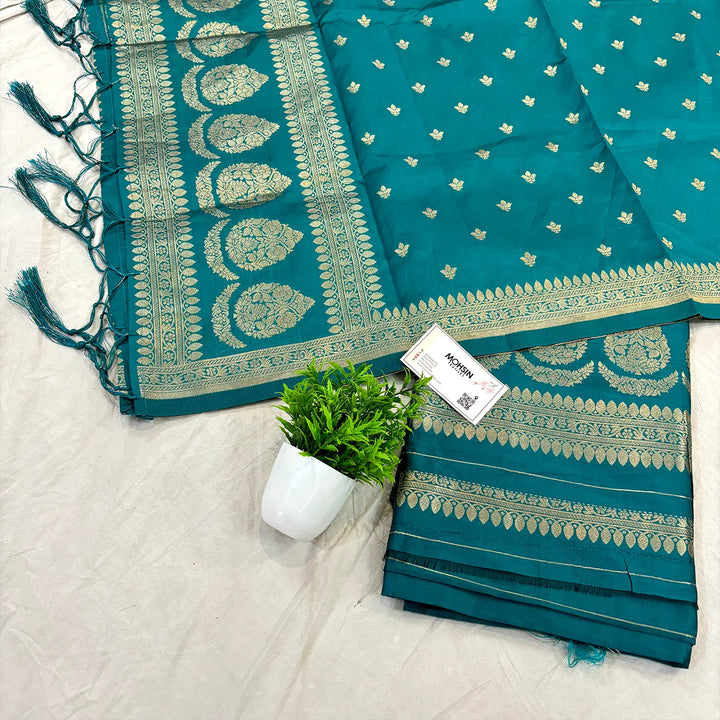 Teal Rim Jhim Satin Silk Banarasi Suit