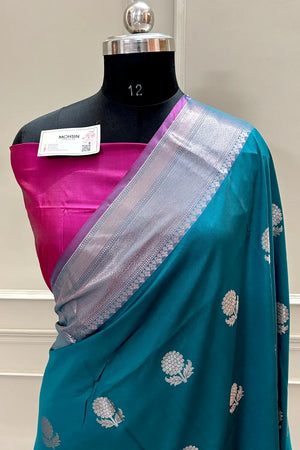 Teal and Pink Golden Zari Banarasi Silk Saree