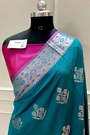 Teal and Pink Golden Zari Banarasi Silk Saree