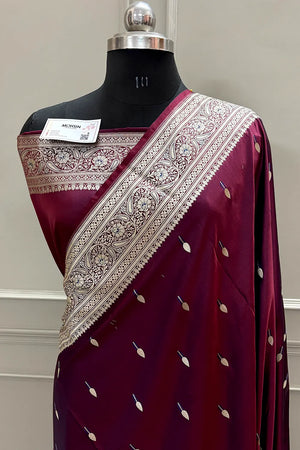 Wine Tilak Buti Katan Silk Banarasi Saree