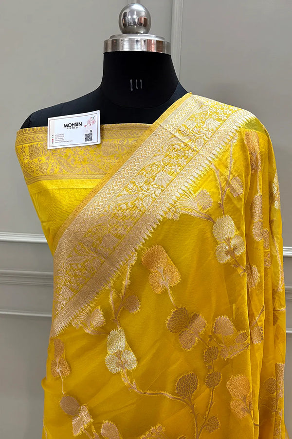 Yellow Golden Zari Organza Silk Banarasi Saree