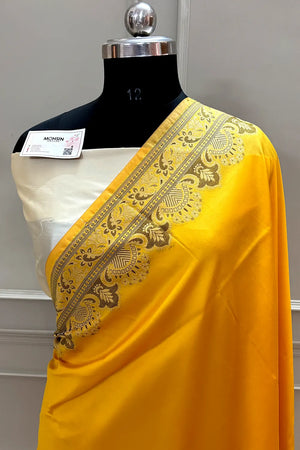Yellow and Beige Plain Resham Silk Banarasi Saree