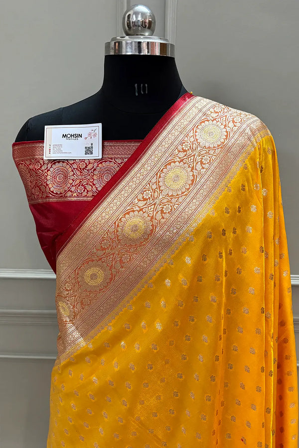 Yellow and Maroon Makkhi Buti Katan Silk Banarasi Saree