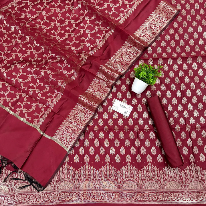 Maroon Frozen Tree Satin Silk Banarasi Suit