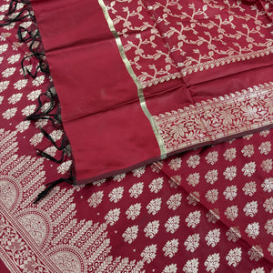 Maroon Frozen Tree Satin Silk Banarasi Suit