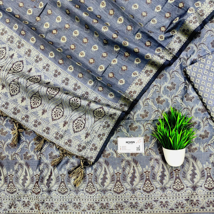 Dark Grey Surahi Jaal Cotton Silk Banarasi Suit