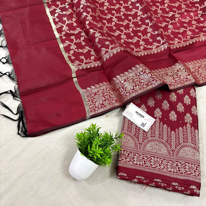 Maroon Frozen Tree Satin Silk Banarasi Suit