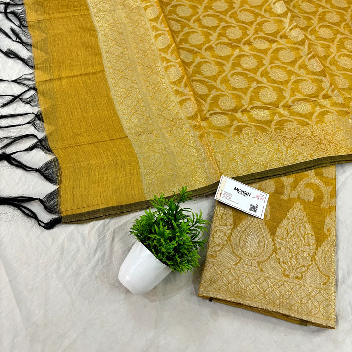 Yellow Mustard Kalgha Jaal Banarasi Silk Suit