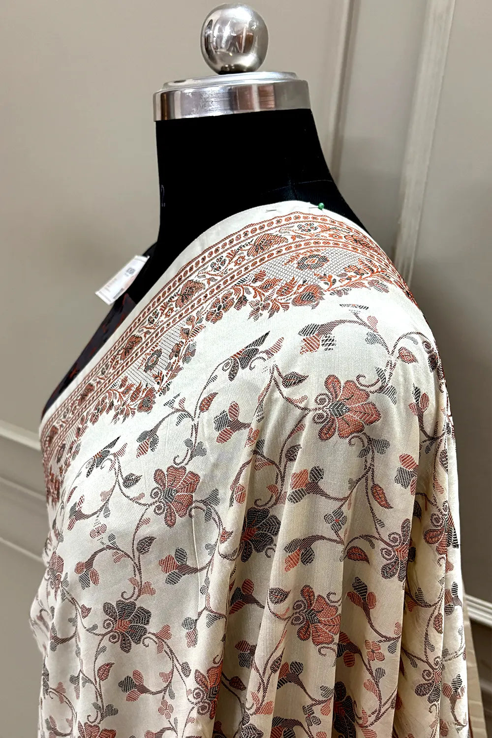 Beige and Navy Blue Resham Silk Banarasi Saree