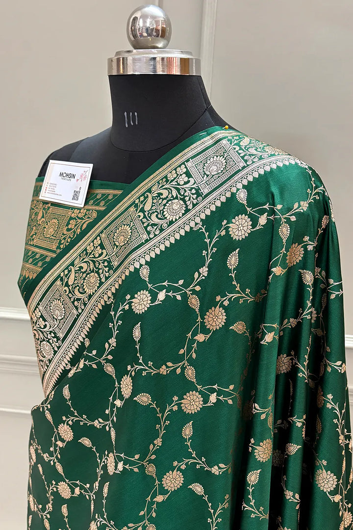 Bottle Green Albeli Jaal Katan Silk Banarasi Saree