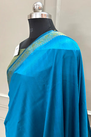 Firozi Plain Golden Zari Silky Banarasi Saree