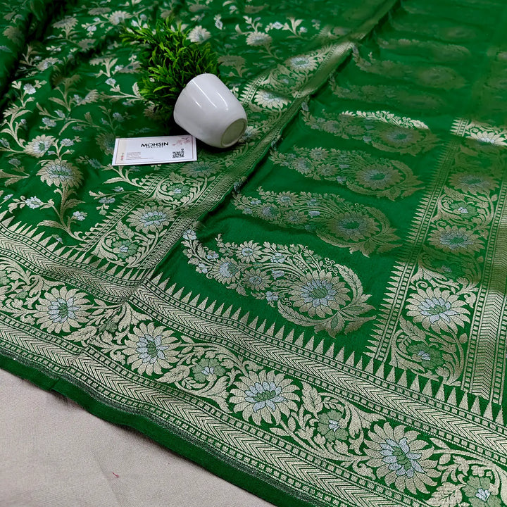 Green Ganga Jamuna Crepe Silk Banarasi Saree