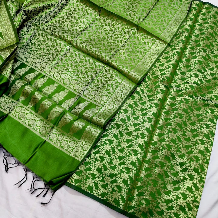 Green Shaktimaan Jaal Satin Silk Banarasi Suit