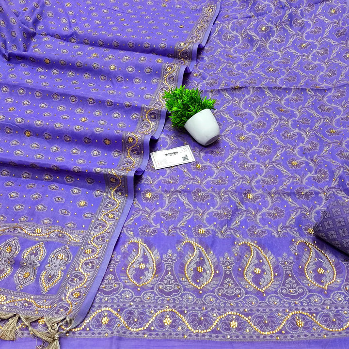 Mauve Stone Work Cotton Silk Banarasi Suit