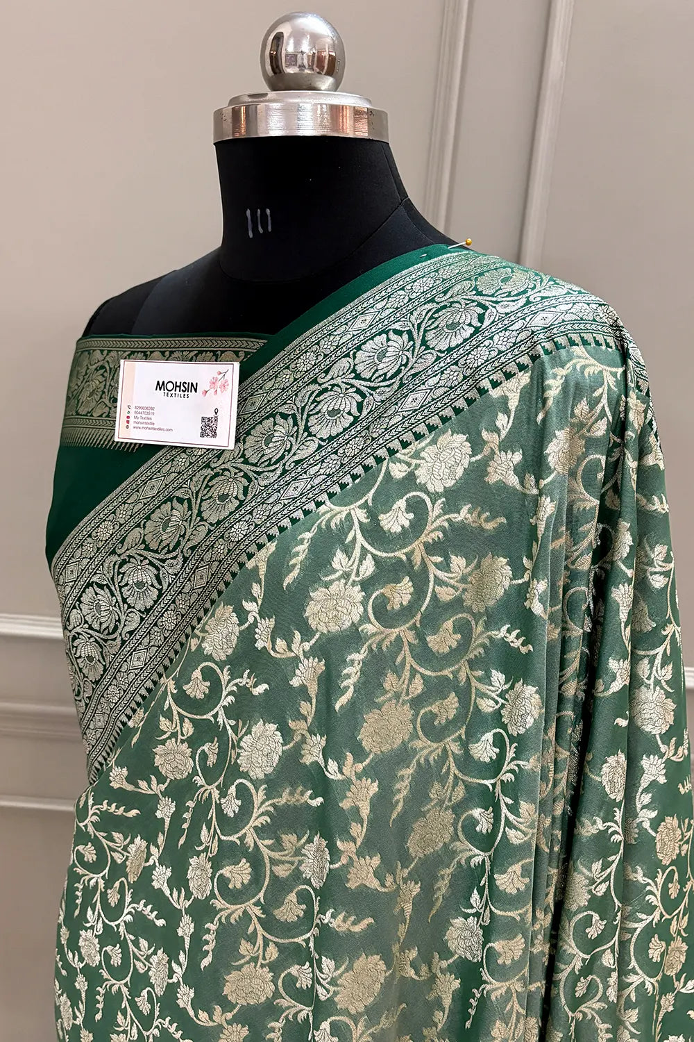 Mint and Bottle Green Gulabi Jaal Katan Silk Banarasi Saree