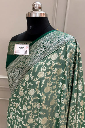 Mint and Bottle Green Gulabi Jaal Katan Silk Banarasi Saree
