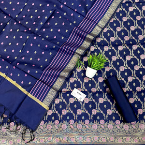Navy Blue Golden Zari Satin Silk Banarasi Suit
