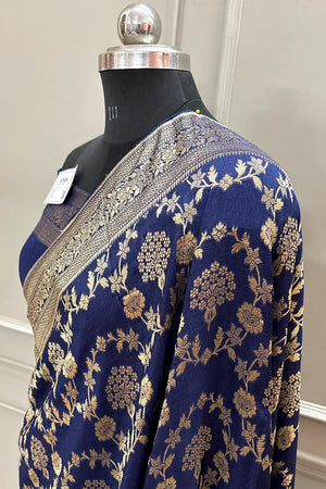 Navy Blue Golden Zari Georgette Silk Banarasi Saree