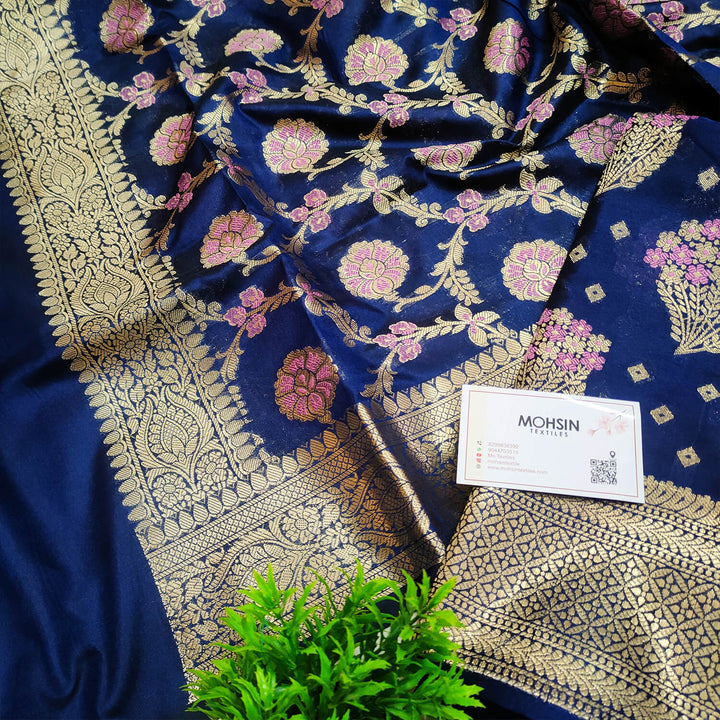 Navy Blue Golden Zari Pure Katan Silk Banarasi Suit