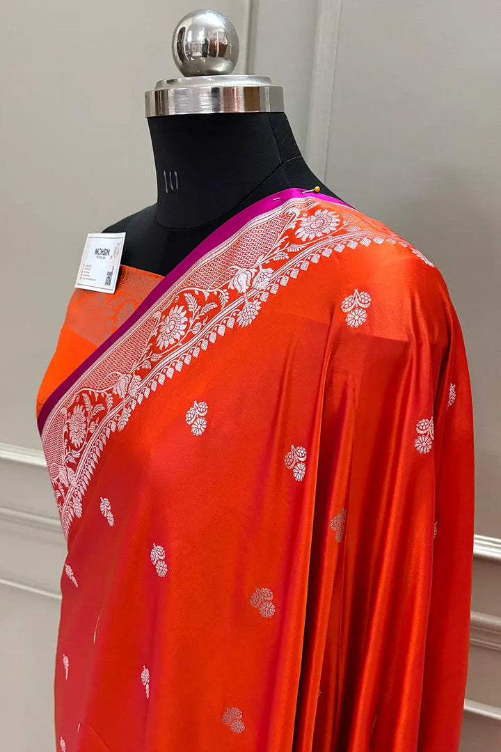 Orange Babri Buti Katan Silk Banarasi Saree