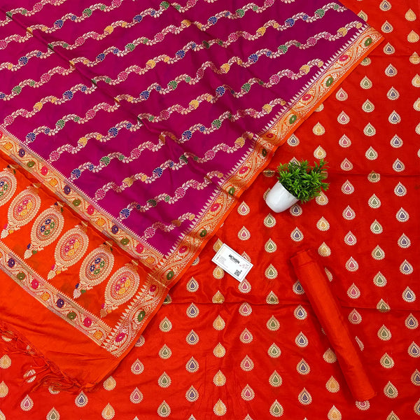 Orange and Pink Golden Zari Katan Silk Banarasi Suit