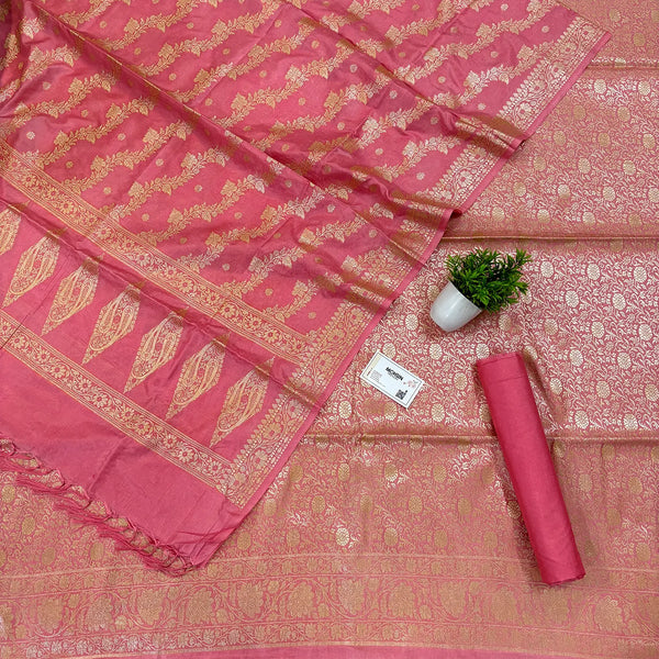 Baby Pink Golden Zari Katan Silk Banarasi Suit