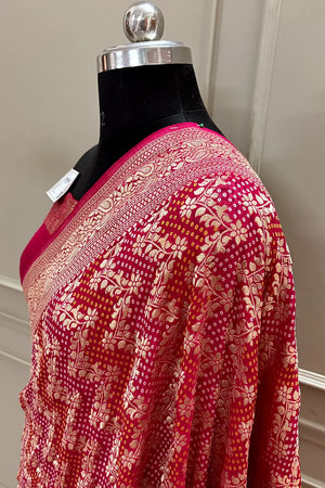 Pink Bandhej Georgette Silk Banarasi Saree
