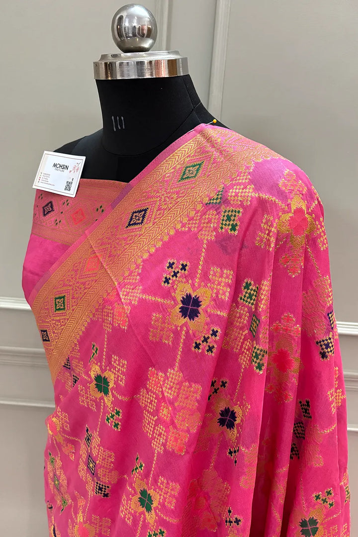 Pink Golden Zari Dola Silk Banarasi Saree