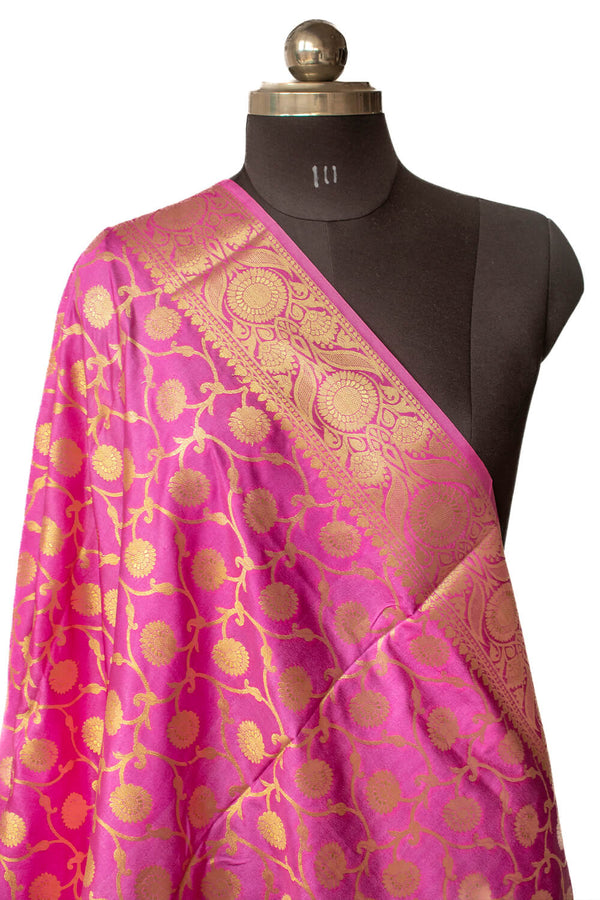 Pink Golden Zari Katan Silk Banarasi Dupatta