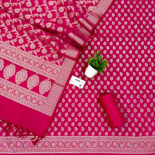 Pink Tedhi Patti Katan Silk Banarasi Suit