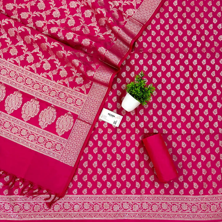 Pink Tedhi Patti Katan Silk Banarasi Suit