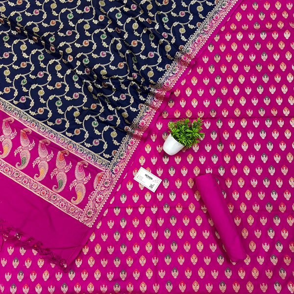 Pink and Navy Blue Golden Zari Katan Silk Banarasi Suit