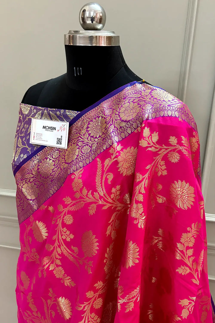 Pink and Royal Blue Morpankhi Jaal Satin Silk Banarasi Saree