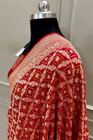 Red Bandhej Georgette Silk Banarasi Saree