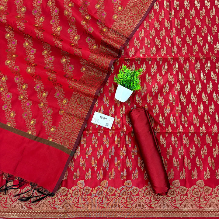 Red Kadi Patti Satin Silk Banarasi Suit