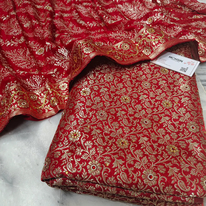 Red Stone Work Kimkhab Silk Banarasi Gharara