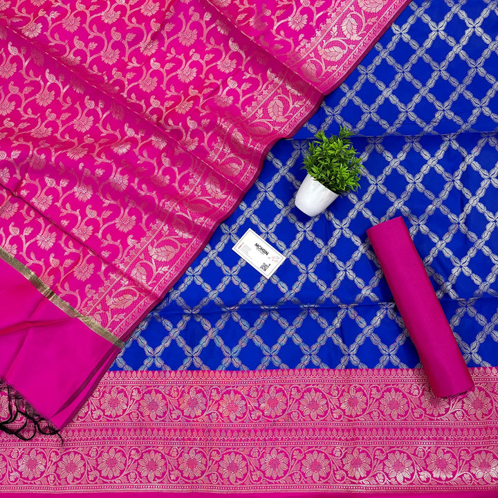 Royal Blue and Pink Zanjeer Satin Silk Banarasi Suit