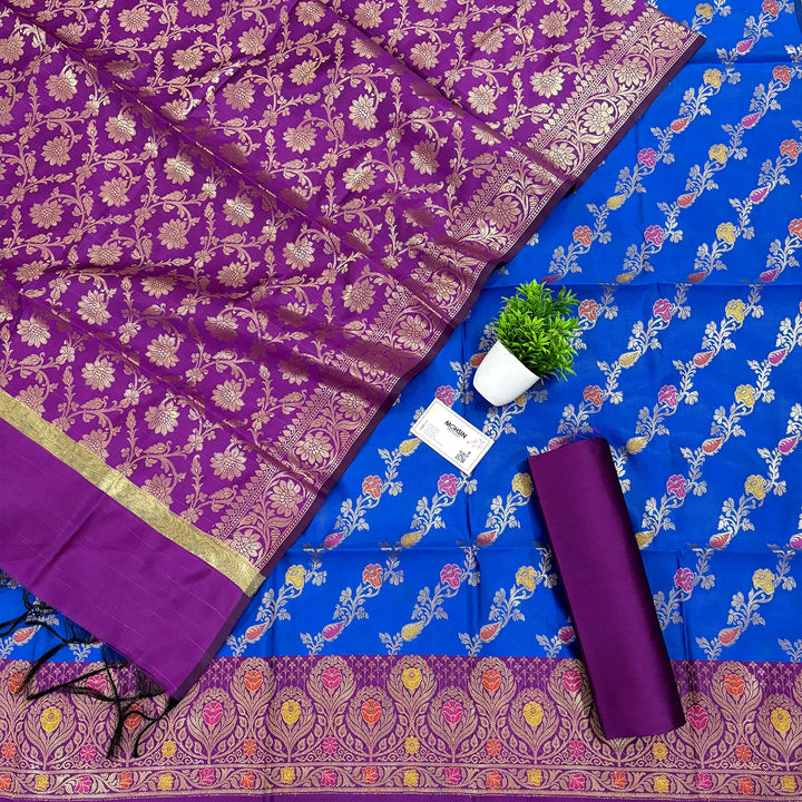 Royal Blue and Purple Rang Mahal Satin Silk Banarasi Suit