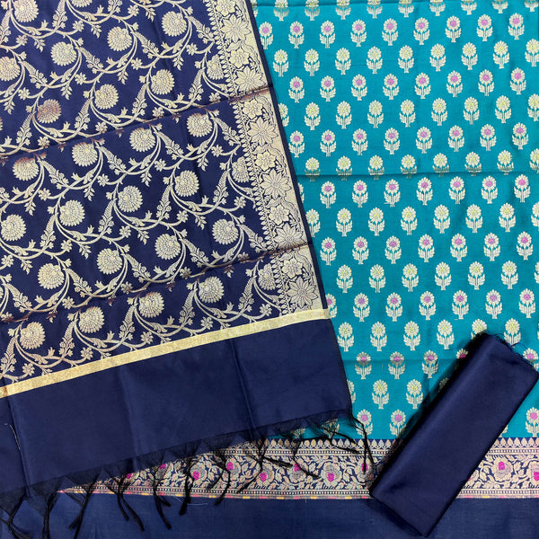Sea Green and Navy Blue Contrass Satin Silk Banarasi Suit