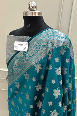 Teal Autumn Buti Chanderi Silk Banarasi Saree