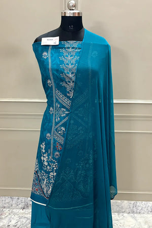 Teal Printed Cotton Silk Banarasi Suit
