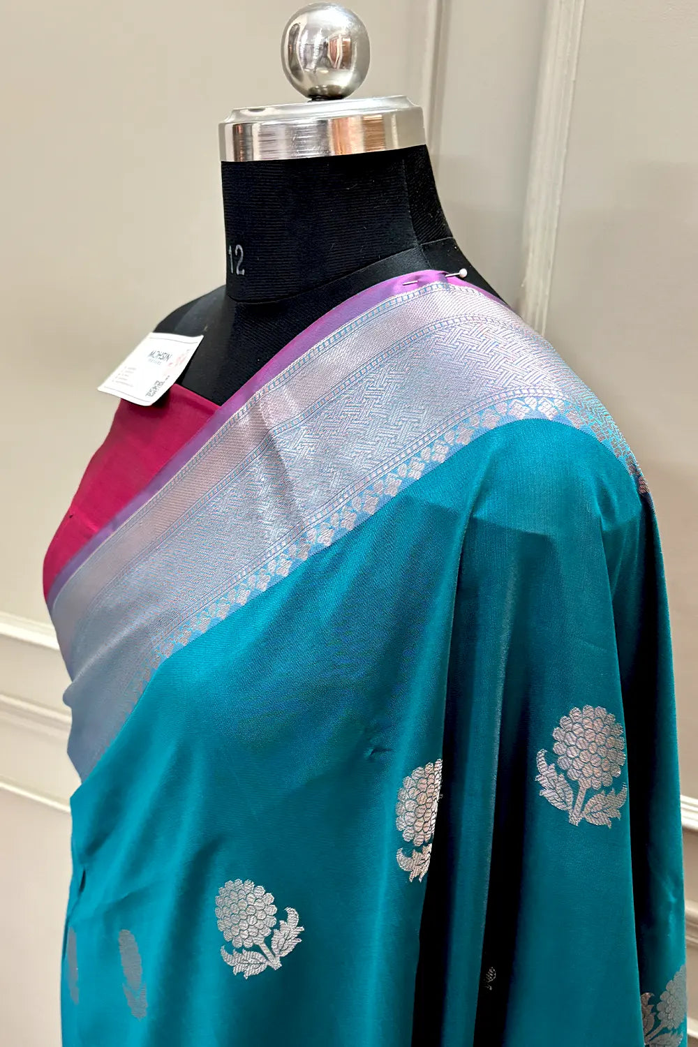 Teal and Pink Golden Zari Banarasi Silk Saree
