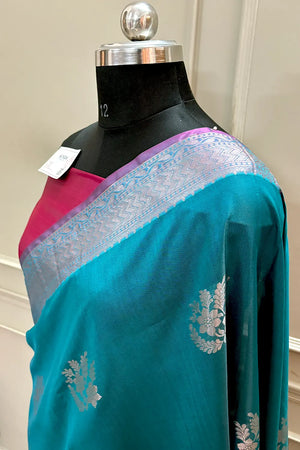 Teal and Pink Golden Zari Banarasi Silk Saree